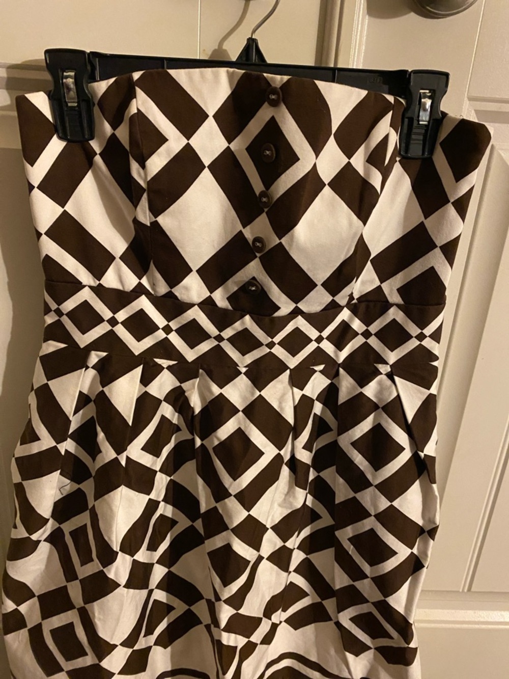 London Times Strapless Geometric Brown and White Dress